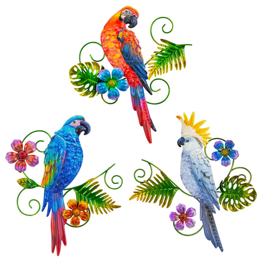 J-Fly Metal Parrots Wall Decor Outdoor Decorations for Yard Garden Decor, Metal Wall Art Decor, Patio Valentine Decoration Gifts Outdoor Bird Wall Decor-12 Inches Parrot Large Hanging Wall Decor 3 Pack