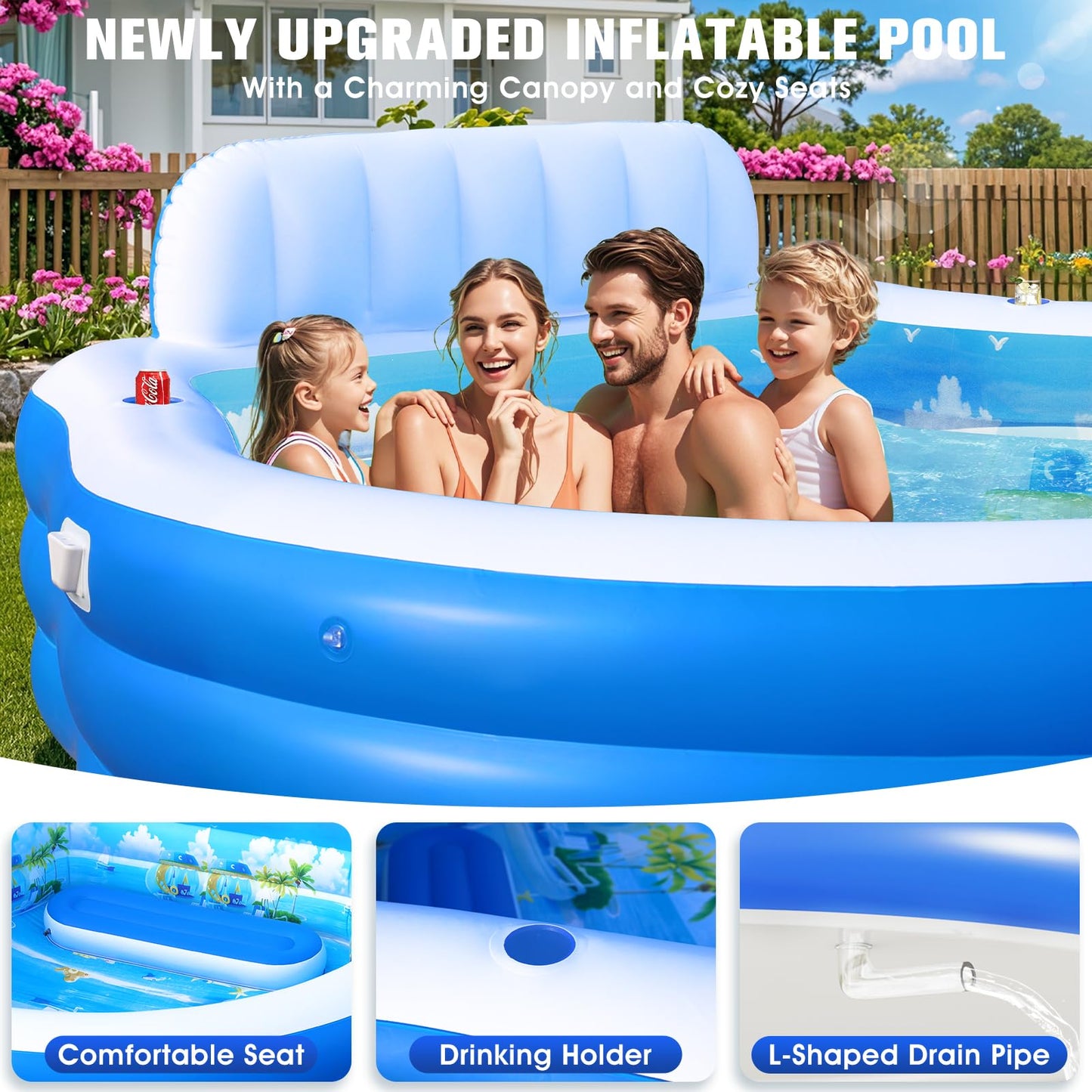 Lanblu 2026 Extra Large Upgraded Inflatable Pool with Canopy,Inflatable Family Lounge Pool,Round Blow Up Pool for Adult with Bench&Backrest,Swim Center Easy Backyard Pools for Kids & Adults90*90"*80"