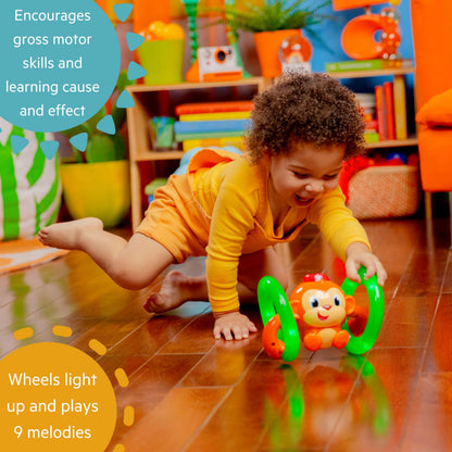 Bright Starts Roll & Glow Monkey Crawling Baby Toy with Lights and Sounds, Tummy Time Toy, 6 Months and up