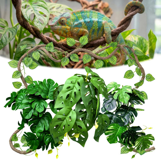 5 Pcs Reptile Plants & Habitat Decor Kit - 3 Artificial Plants & Large 5ft Jungle Vine Branch, Amphibian Habitat Hideout Tank Decorations fit Crested Gecko Leopard Lizard Chameleon Ball Python Frog