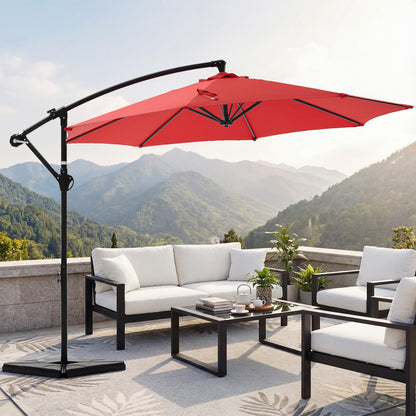 OLIXIS 9.8FT Offset Patio Umbrella with Base, Cantilever Table Umbrellas for Outdoor Sun Shade UV Protection with Easy Tilt Adjustment, 8 Ribs for Backyard, Lawn, Garden, Pool