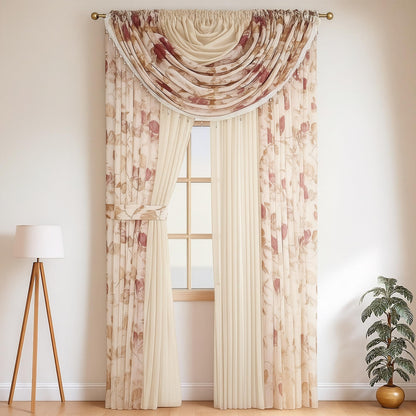 YHSF Sheer Curtains Laura Collection - 4 Panel Set, 84 Inches Long - Elegant Curtains for Bedroom & More - Valances with Beads & 2 tiebacks - 55” x 84" - Multicolor, Floral Rose Solid Beige