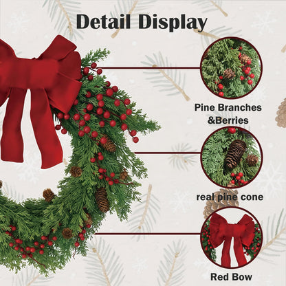 Christmas Wreath for Front Door, Red Bow & Real Pine Cones with Pine Branches & Berries, Artificial Holiday Wreath for Indoor & Outdoor Wall Decor (20 inches)