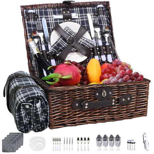 Neti Neti Wicker Picnic Basket for 4 with Insulated Cooler & Waterproof Blanket – Large Willow Picnic Hamper for Outdoor, Camping, Beach, Romantic Dates, Valentine’s Day