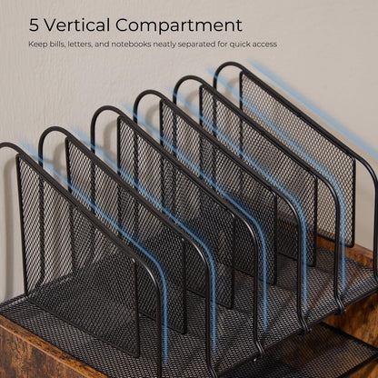 Y YOMA Wooden Desk Organizer, 4-Tier Mesh Desk Organizer with Drawer, Paper Tray & 5 Vertical File Holders, 2 Pen Holders, Desktop Organizer and Accessories for Home Office Dorm