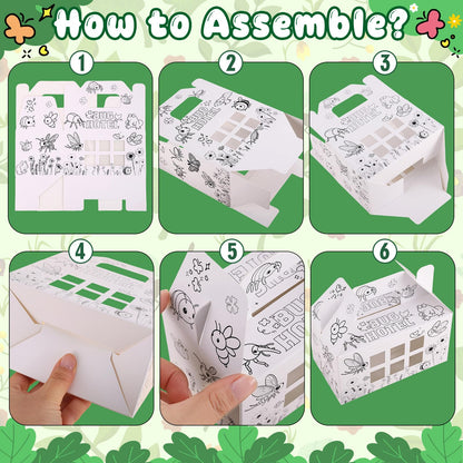 Ailefentene 28 Pack Bug Hotel Box Color Your Own Cardboard Bug Catchers with Stickers, DIY Insect Critters Collection Gable Box with Window for Spring Summer Garden VBS Crafts Party Favors
