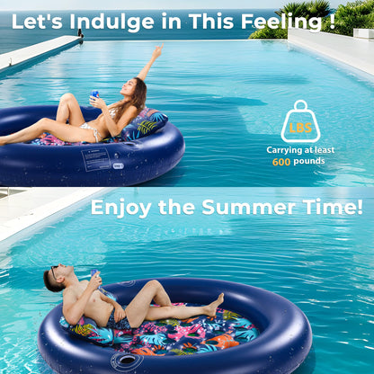 2-Person Pool Floats Adult Heavy Duty, Giant 75"X75" Inflatable Tanning Pool Mats with Cup Holders, Detachable Headrest, Multi-Purpose Water Lounger for Pool Party, Lake, Beach, River, Outdoor