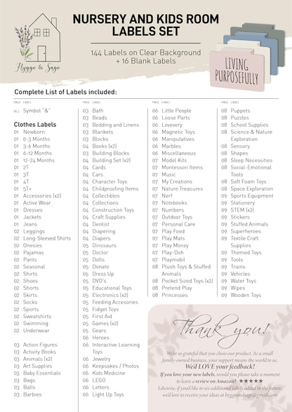 Hygge & Sage Nursery Organization and Kids Room Organization Label Stickers | 144 Clear Preprinted Stickers with Black Print | Easy to Remove Labels for Kids Playroom Storage or Nursery Storage