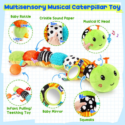 Baby Stuffed Caterpillar Toys for 0-6 6-12 Months, Musical Animal Sensory Toys for Infant 3 6 9 12 18 Months, Tummy Time Toys with Mirror Rattle Crinkle for Newborn Boys Girls Shower Gifts