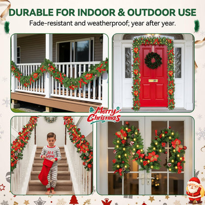 Christmas Garland with Lights 9FT Timer Prelit Garland Battery Operated Outdoor Indoor Christmas Decorations 30 LEDs Lighted Garland for Stairs Railing Fireplace Mantle Front Door Home Holiday Decor