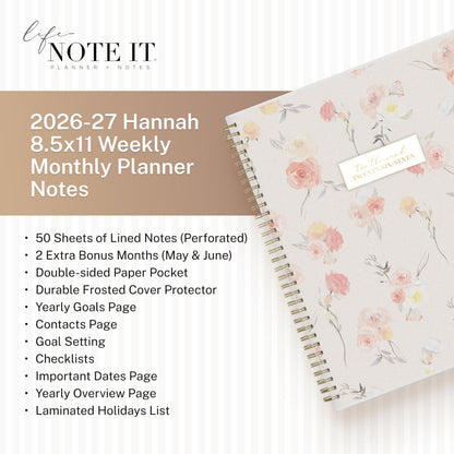 Blue Sky Life Note It 2026-2027 Academic Year Weekly and Monthly Planner, July 2026 - June 2027, 8.5” x 11”, Flexible Cover, Laminated Tabs, Wirebound, Storage Pocket, Hannah