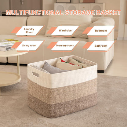 OIAHOMY 108L Super Large Blanket Basket, 25”x16”x16”(108L) Rectangle Woven Baskets for Storage, Cotton Rope Basket For Living Room, Toy Storage with Handle- Gradient Brown