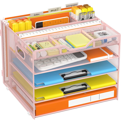 Docnest 5 Tier Letter Tray with Hanging File Organizer-Mesh Desk Organizer-Desktop Storage Box Built in Pen Holder and Handles, File Folder Holder for Mail Documents Office Supplies-Pink