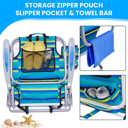 Canpsky Portable Beach Chair for Adults, Outdoor Camping Chair Lay Flat Folding Backpack Beach Reclining Chair with 5 Positions, Headrest, Cup Holder, Heavy Ocean Striped