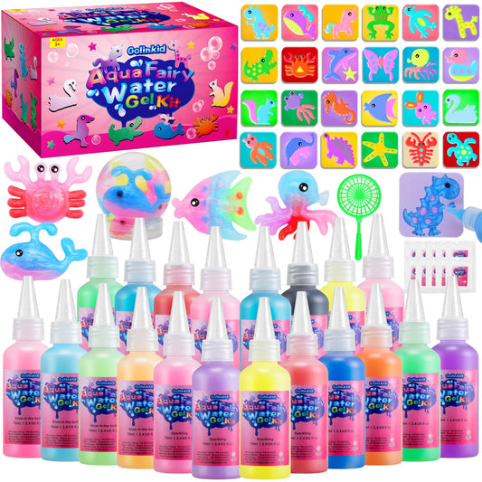 Golinkid Magic Water Elf Toy Kit, 20 Bottles 24 Molds 70ML Aqua Fairy Water Gel Kit with Sparkling Magic Gel Glow in the Dark, Crate Your Own Magic Water Pets Aqua Fairy Craft Kits for Kids