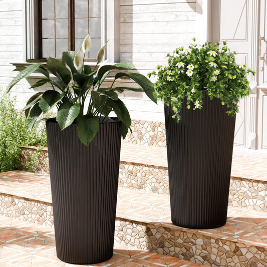 Trygoal 23.6" Black Outdoor Planter Set of 2, Tall Planters for Outdoor Plants with Drainage Hole, Large Flower Pots for Indoor Plants, Front Porch Decor/Patio, Plastic Striped
