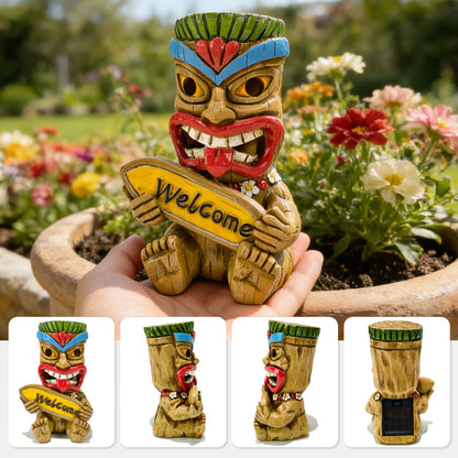 Suyorpe ﻿Miniature Tiki Garden Statue Solar Outdoor Decorations - Tiki Bar Welcome Sign Lights for Patio Yard Lawn Ornaments Gifts for Birthday Housewarming Summer 3.2''(W) x 3.4''(D) x 5.9''(H)