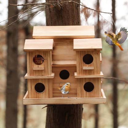Bird Houses for Outside, 9 Room Wooden Bird House with Feeder, Large Hanging Birdhouse for Garden Backyard, Multi Hole Birdhouse for Small Birds, Outdoor Decorative Bird House for Finch Wren Chickadee