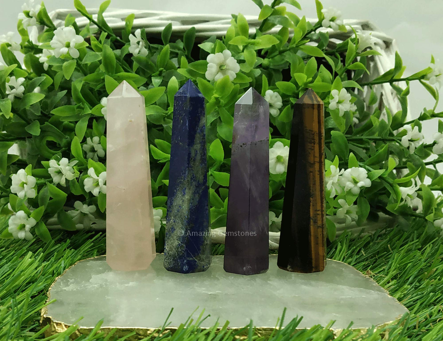 Amazing Gemstone Set of 4 Lapis Lazuli, Tiger Eye, Amethyst, Rose Quartz Crystal Towers - Natural Healing Crystal Point Obelisk for Reiki Healing and Crystal Grid (2 Inch to 3 Inch)