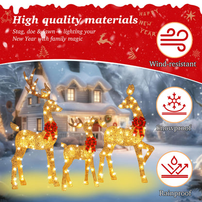 48 Inch 2.5D Gold Lighted Christmas Deer Decorations 3-Piece Outdoor Holiday Decorations Reindeer Set with 145 Warm White LEDs, Large Yard Display for Garden, Storefront