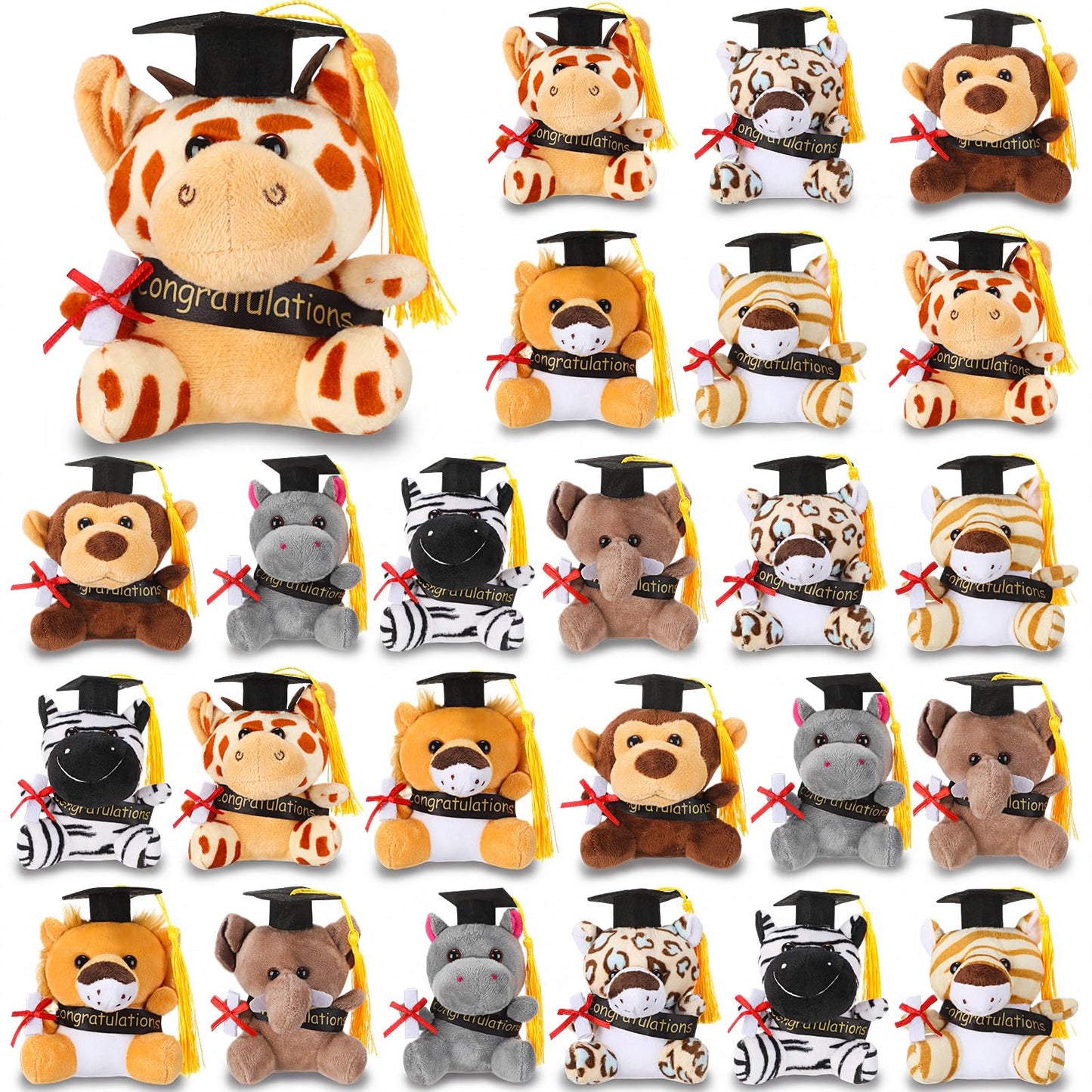 24 Pcs Mini Graduation Stuffed Forest Animals Bulk Congrats Grad Jungle Animal 4.8 Inch Lovely Toys Lion Tiger Elephant Giraffe Plush for 2026 Graduation Party Favor Decoration Classroom Exchange Gift