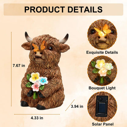 LXOUMEI Solar Highland Cow Outdoor Statue, Garden Sculpture with Lighted Butterfly & Flowers Decor, Highland Cow Figurine for Patio Yard Lawn Ornaments for Birthday
