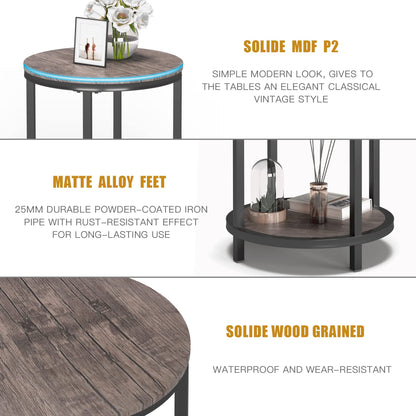 NSdirect Round Side Table,16in Rustic Wooden End Table Surface Top & Sturdy Metal Legs Nightstand for Living Room Bedroom Farmhouse Sofa Table with Storage Open Shelf,Light Walnut