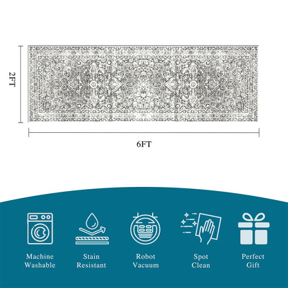 2x6 Hallway Washable Runner Rug : Vintage Soft Kitchen Bathroom Laundry Runner Non Slip Backing Farmhouse Entryway Floor Mat Stain Resistant Carpet for Bedroom Living Room Distressd Beside Rug(Gray)