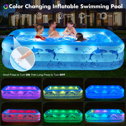 StarOcean 2026 Upgrade Inflatable Pool with Lights, Family Inflatable Swimming Pool for Kids,Adults,Blow Up Pool Solar Powered,Large Kiddie Pool,100"x63"x20"Oversized Thickened Pool for Backyard-Blue