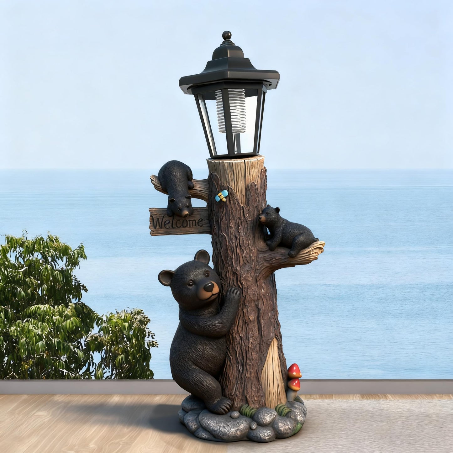 Oritty Bear Statue Welcome Sign Garden Statue with Solar Lights, 19 Inches Resin Bear Family on The Tree, Outdoor Bear Décor for Yard, Garden, Lawn, Patio, Black, Spring Decorations for Home