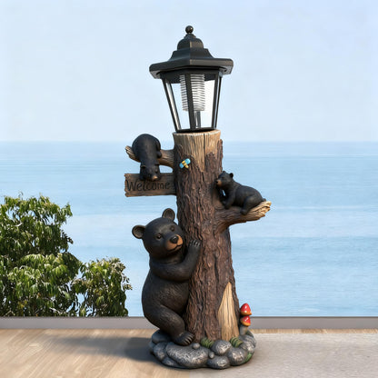 Oritty Bear Statue Welcome Sign Garden Statue with Solar Lights, 19 Inches Resin Bear Family on The Tree, Outdoor Bear Décor for Yard, Garden, Lawn, Patio, Black, Spring Decorations for Home