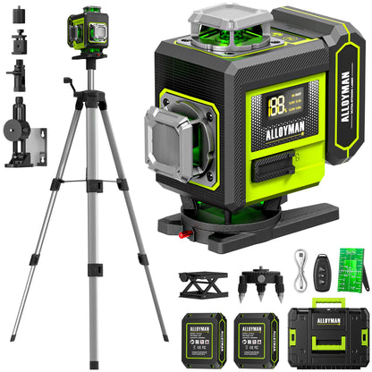 Alloyman Laser Level with Tripod, 4 × 360° Self Leveling Laser Level, Nivel Laser Green Line Lazer Leveler Tool for Picture Hanging, Home Renovation, Indoor Project, 2*Battery&Carrying Bag Included