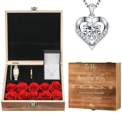 Gifts for Women Jewelry Set, 925 Silver Moissanite Necklace, Gold Watch Stainless Steel Bangle with Eternal Roses Wooden Gift Box Ideal for Mother's Day Birthday Anniversary Christmas Valentine's Day Wife Gift