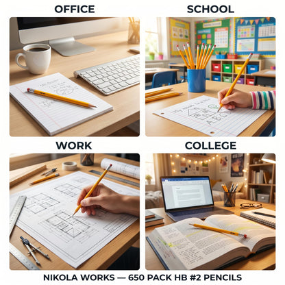 Nikola Works Bulk 650 Pack Premium Pre-Sharpened #2 HB Pencils USA Standard Wood Cased Graphite With Erasers