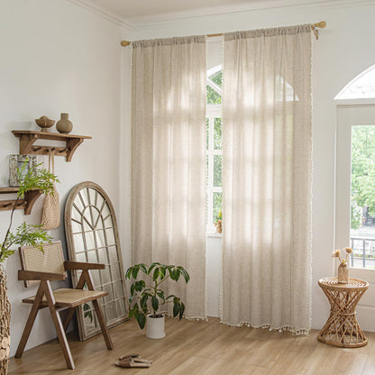 Setaback Boho Curtains for Bedroom Living Room 84 Inch 2 Panels with Tassels, Soft Linen Texture Semi Blackout Sheer Privacy Curtains Window Drapes Rod Pocket, 52" x 84", Natural, 2 Panels