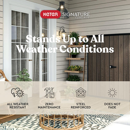 Signature Collection Vertical Outdoor Storage Shed, Weather-Resistant Resin Storage Cabinet with Double Doors & Heavy-Duty Floor, Walnut