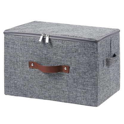 VinneGenzz Storage Bins with Zipper Lid Cotton Linen Fabric Lidded Storage Baskets Boxes Foldable Washable Closet Shelf Clothes Organizer Container with PU Leather Handles (Gray, Large Size)