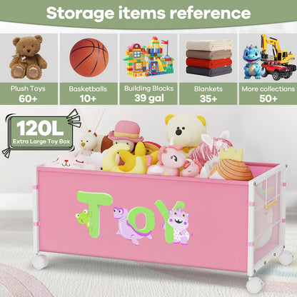 AIJIAMEIER 120L Kids Extra Large Toy Box with Wheels & Handle, 33.1” x 16.5” x 14.6” Big Toy Chest for Boys Girls, Toy Storage Organizer for Living Room Area, Playroom(Pink, 1PC)