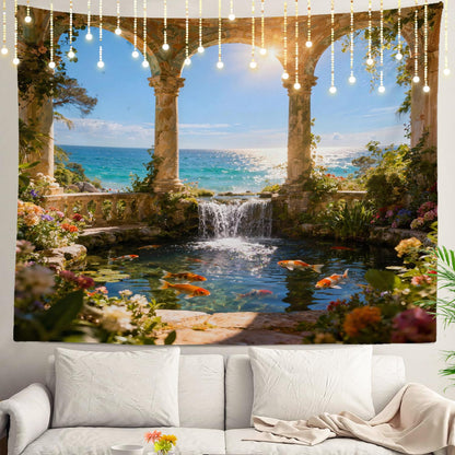 Shrahala Green Beautiful Landscape Wall Tapestry, Palace Beauty Retro Pavilion Waterfall Nature Scenery Wall Hanging Large Tapestry Decoration Fiber White Hem Around For Dorm Room Bedroom 30 X 40 In