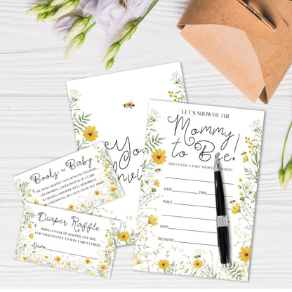 Mommy To Bee Baby Shower Invitation With Envelopes, Diaper Raffle Tickets, Books Request Cards, Honey Bee Baby Shower Decorations Supplies Favors Set, Gender Reveal Party Invites, 25 Cards Each -06