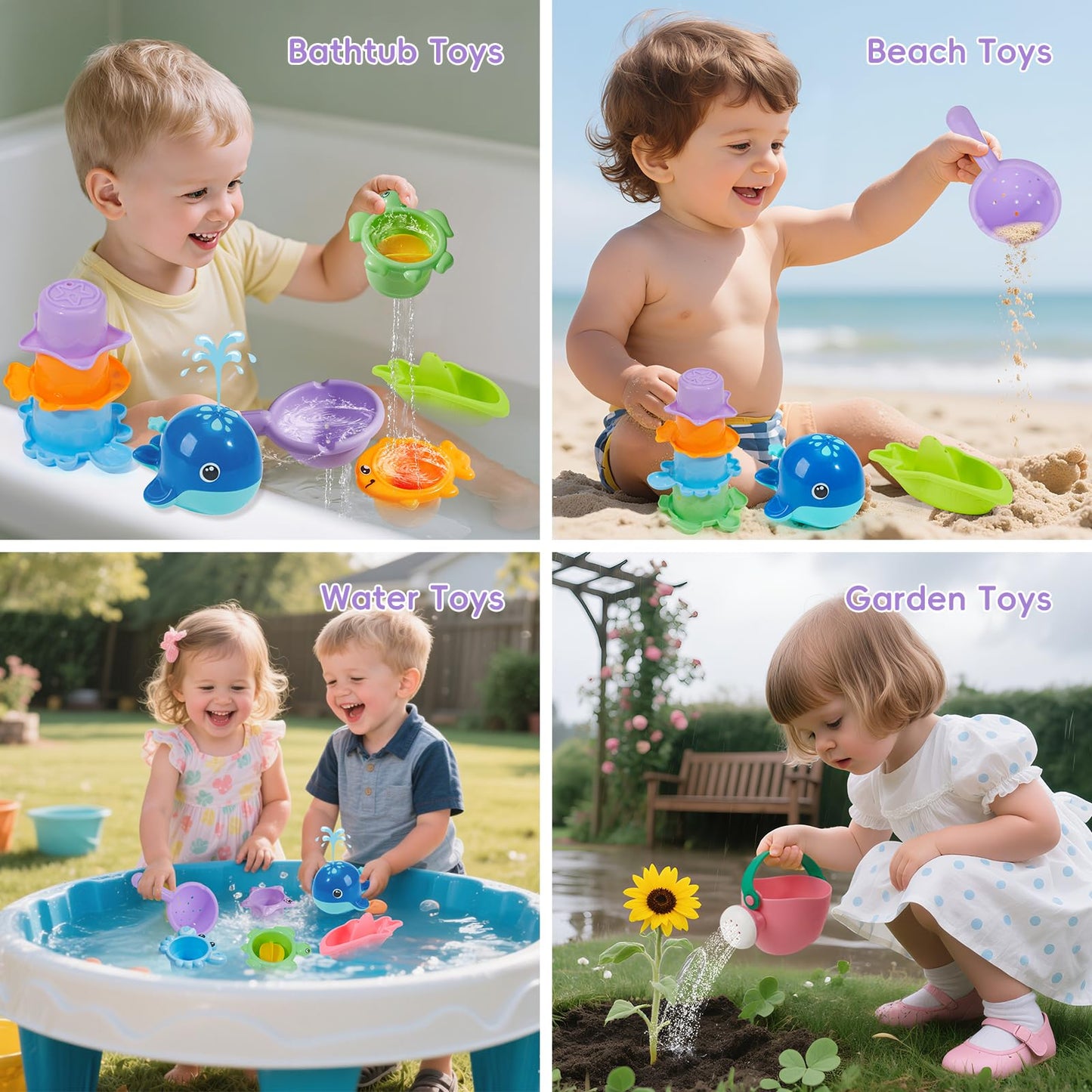 Mold Free Bath Toys, 11PCS | Safe Easy Clean & Fun Floating Boats & Spoon & Watering Can and Whale Bath Toy for Babies 12+ Months | Colorful Bathtub Pool Water Table Sand Toys for Babies and Toddlers