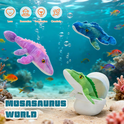 Karister Blue Dinosaur Stuffed Animal,Giant Dinosaur Plush Toy,Mommy Dino with Babies & Egg, Soft Mosasaur Plushie,Realistic Dinos Stuffy,Gifts for Kids Boys Girls Easter Christmas Birthday