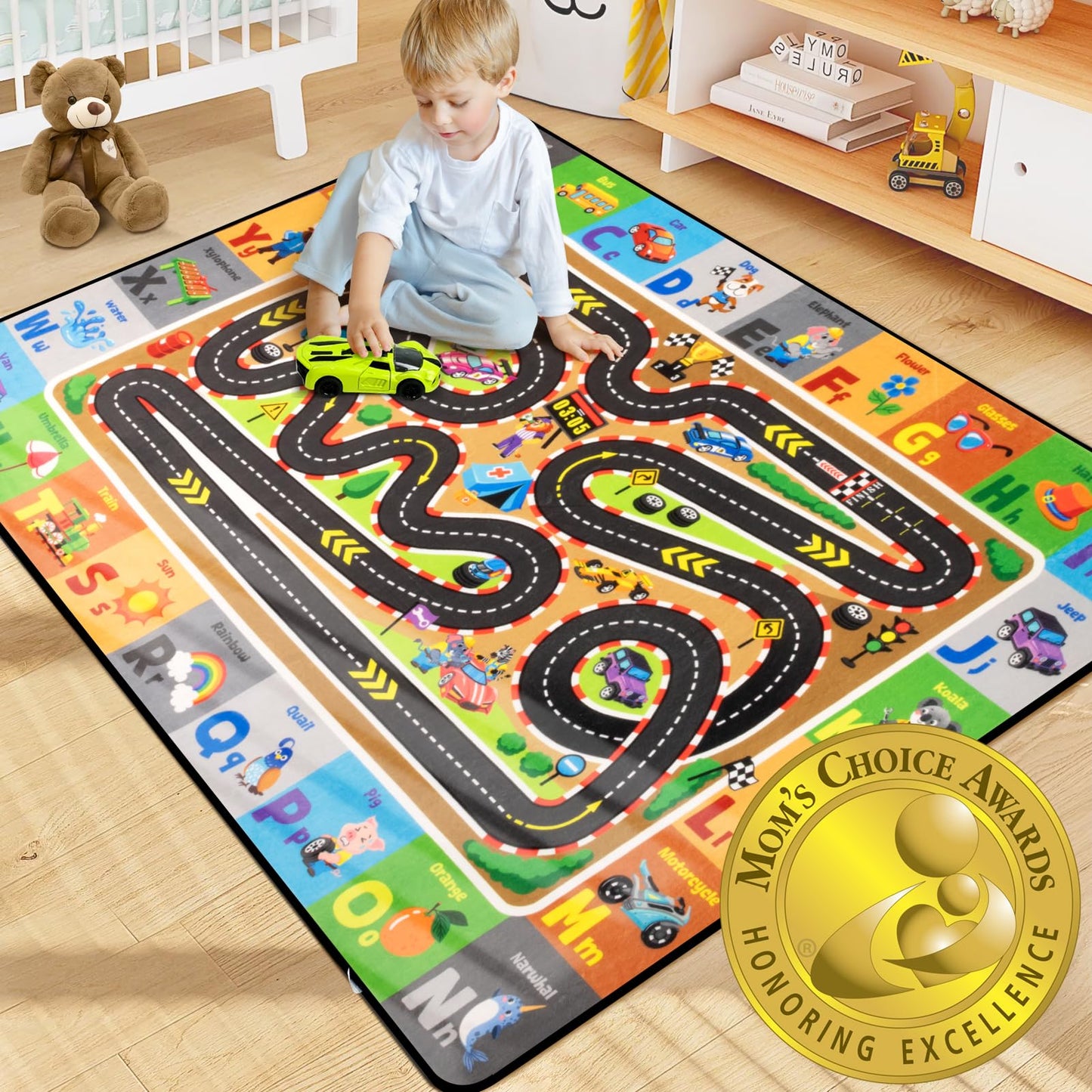 Diysani Race Track Car Rug 4x6FT Road Rug for Kids Toy Cars Non-Slip Play Carpet Baby Play Mat for Floor Washable ABC Alphabet Playroom Nursery Preschool Daycare Classroom Carpet