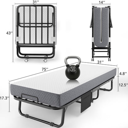 Folding Bed with Memory Foam Mattress, 75" x 31" Cot Size Portable Foldable Bed with Movable Wheels, Space-Saving Sturdy Metal Frame, Twin Rollaway Bed for Adults for Guest Room, Apartment, Camping