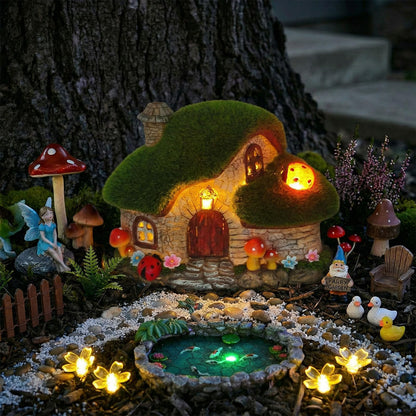 Solar Fairy Garden House Accessories, Outdoor Garden Statues with Ladybug Lights & Mushroom Gardening Gifts for Women, House Sculpture Figurine Outside Garden Decorations for Yard Patio Lawn Decor
