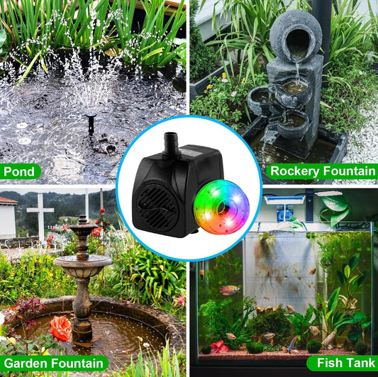 CREPOW 15W 800L/H Submersible Fountain Pump with LED Lights, Adjustable Quiet Water Pump, Pond Fountain Pumps for Water Feature, Garden, Aquarium Fish Tank, Indoor Outdoor Fountain with 3 Type Nozzles