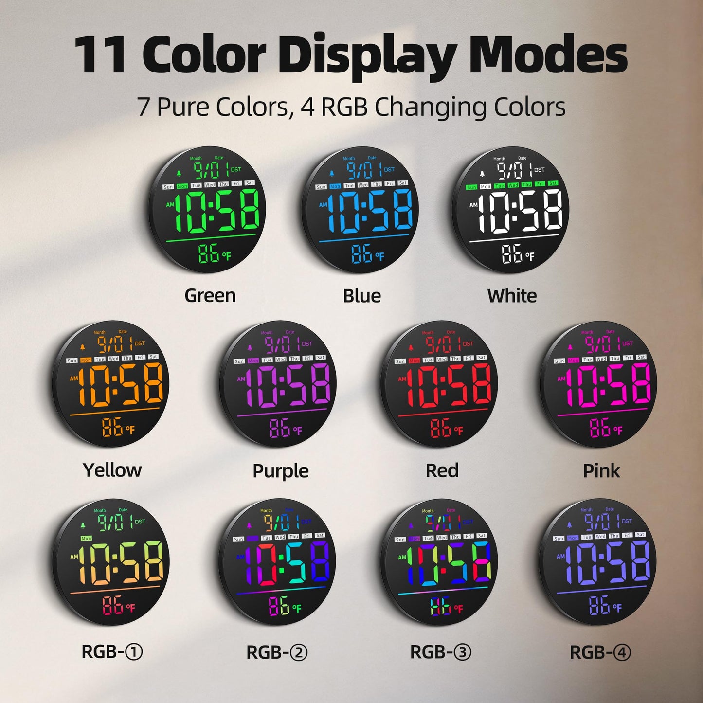 Maxstar Led Digital Wall Clock with Timer, Seconds, Temperature, Date, DST, Nightlight, RGB Color, Alarm Clock, 5-Level Display Brightness, Digital Clock Timer for Classroom, Bedroom, Garage, Gym