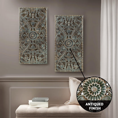 Madison Park Wall Art Living Room Décor - Floral Antiqued Wooden Carving Wall Decor Panel, Copper Embellished, Ready to Hang Wall Decor for Bedroom, 15.75"W x 31.5"L x 0.59"D, Patina Blue, 2 Piece