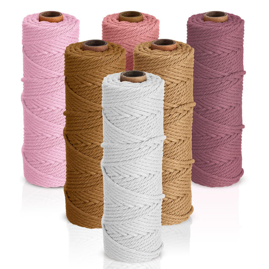 Nuanchu 6 Rolls Macrame Cord 3mm x 328 Yards Cotton Rope Colored Yarn Twine Set for DIY Wall Plant Hanger Crafts Knitting Making Supplies, 6 Colors(Assorted Colors)