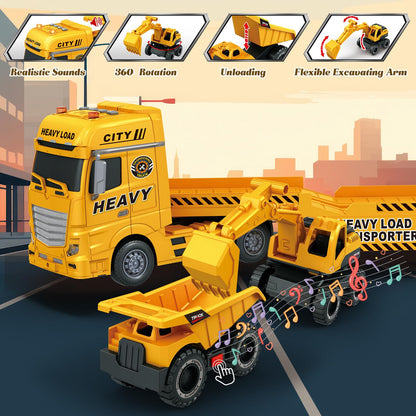 lonfypeng 3-in-1 Construction Truck Toy for Ages 3-6 – 25.6 Inch Extra-Large Semi-Truck with Lights & Sounds, Detachable Excavator and Light & Sound Dump Truck, Inertia Vehicle Set